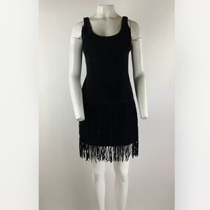 Vintage Melanzona Sz 10 Fringe Suede Leather Sheath Dress Black Zip Back